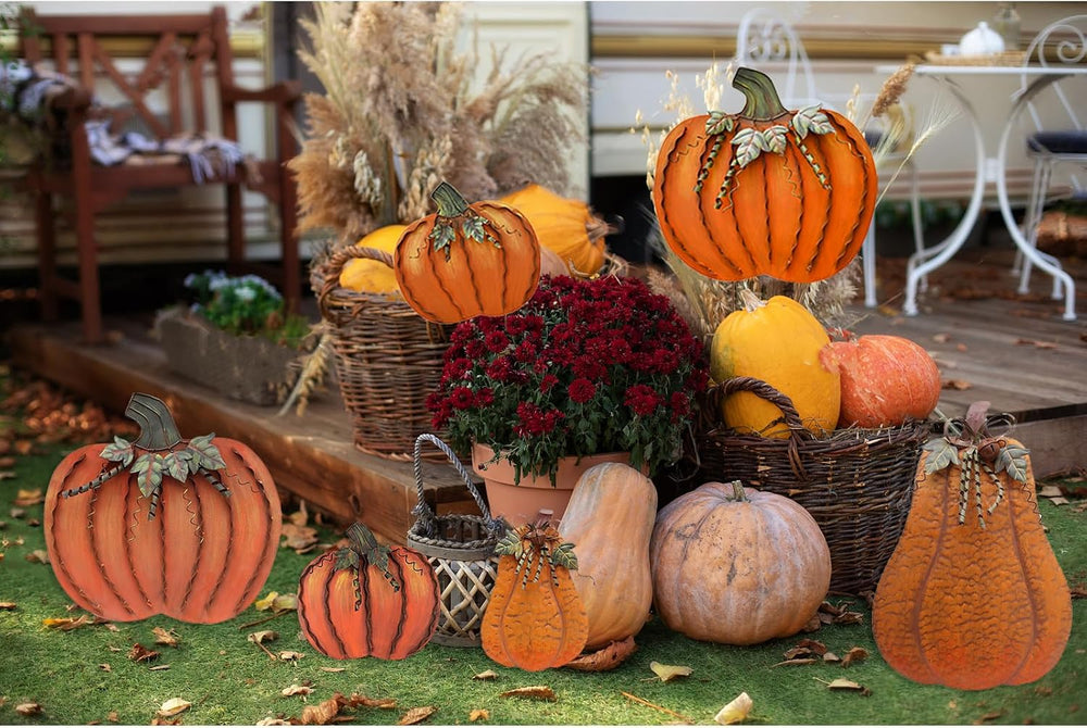 Aecipl Fall Decoration Pumpkin Garden Stakes Set of 3 Metal Yard Signs