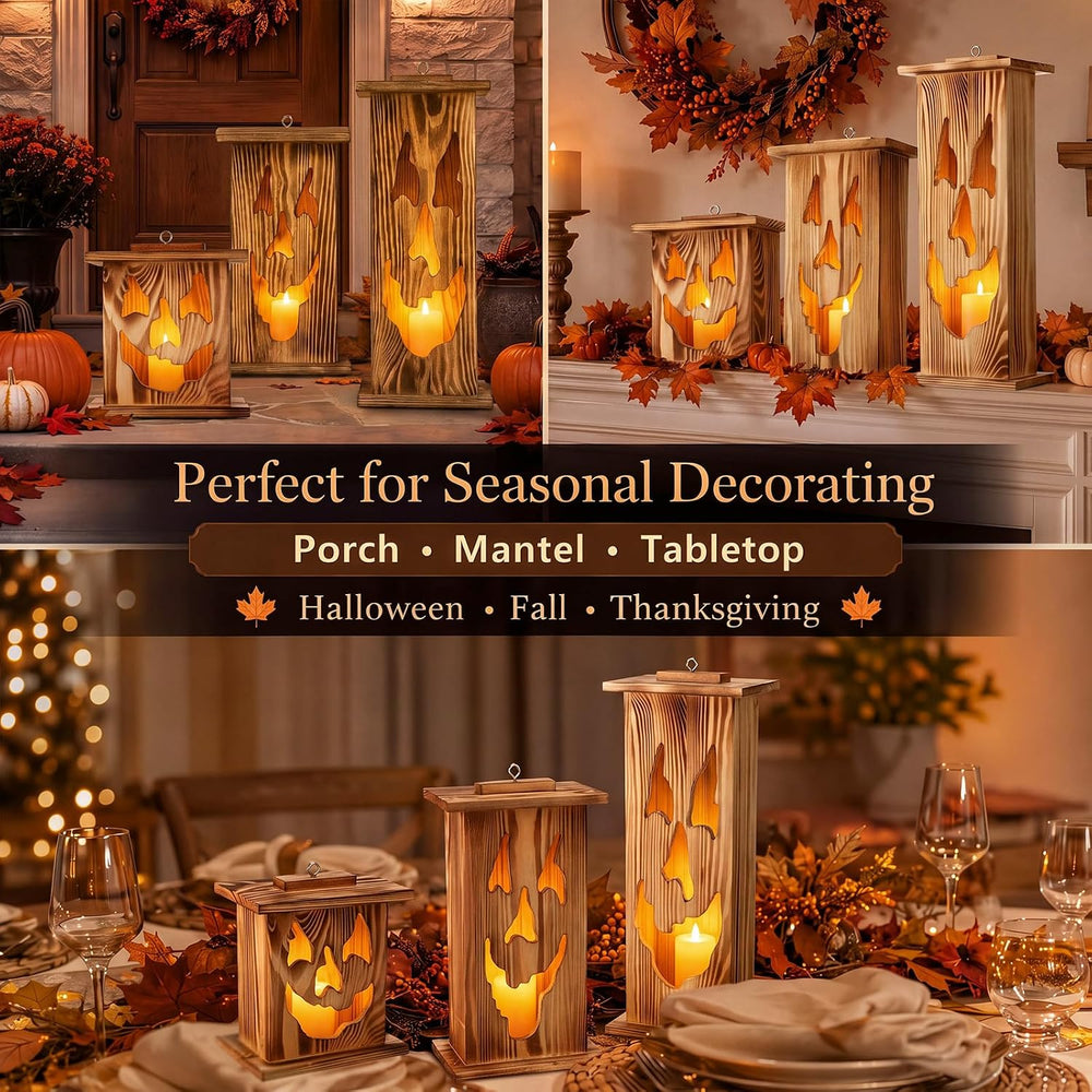 Woanger 3 Pcs Halloween Wooden Lantern Set Spooky Jack O Lantern Decor
