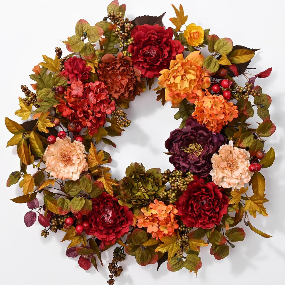 2 Pcs Fall Wreaths for Front Door, 24 Inch Fall Door Wreath with Hydrangea
