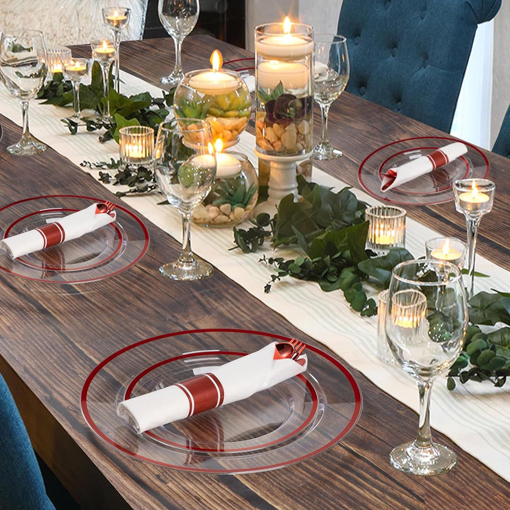 350 Pcs Clear Red Plastic Dinnerware Sets for Party for 50 Guests