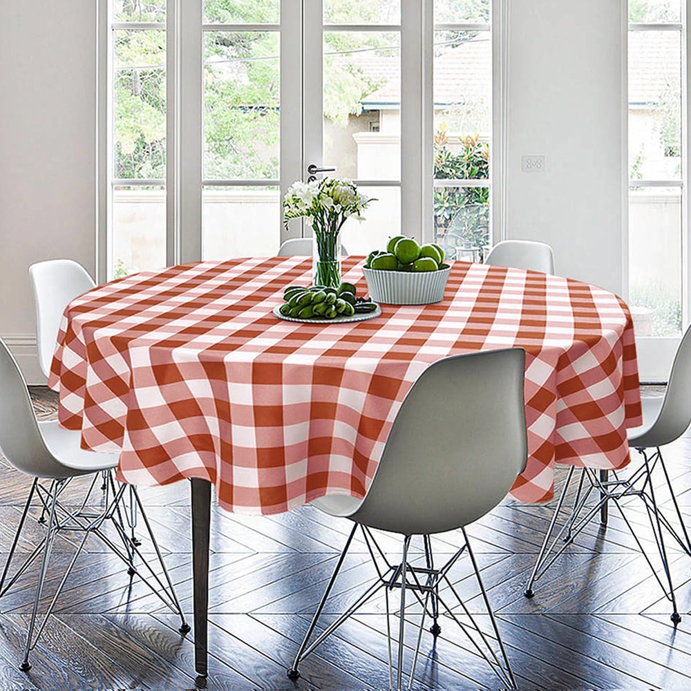 Hiasan Waterproof Checkered Round Tablecloth 120 Inch, Rust and White