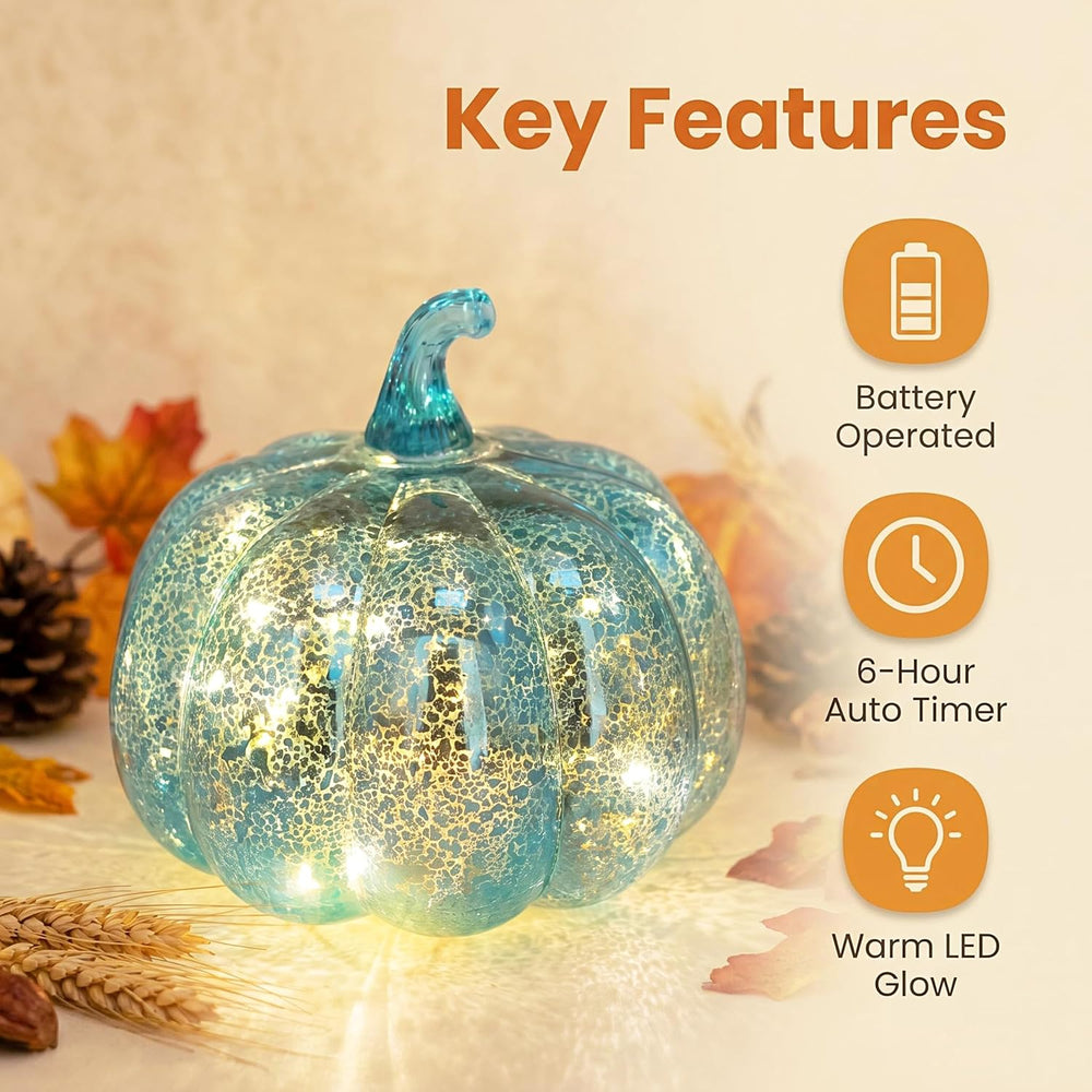 Fall Decorations for Home,Mercury Glass Pumpkin Lights with Timer(Blue)
