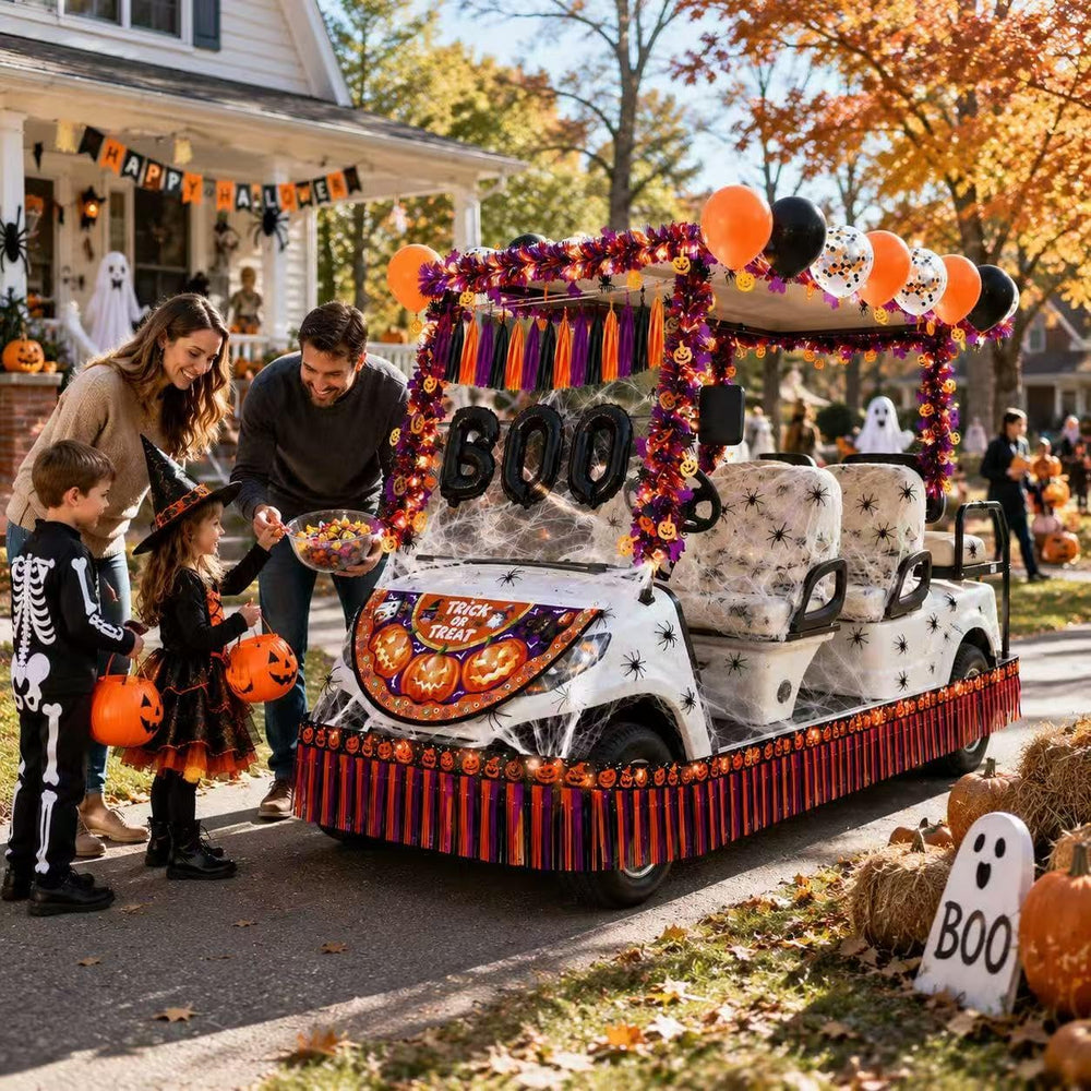 Halloween Golf Cart Decorations with Nightlight Strip Spider Web Bat Tassel