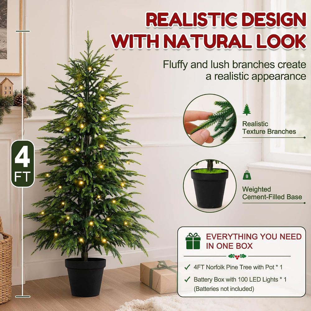 2Pcs 4FT Norfolk Pine Tree with Lights, Christmas Tree for Xmas Decor