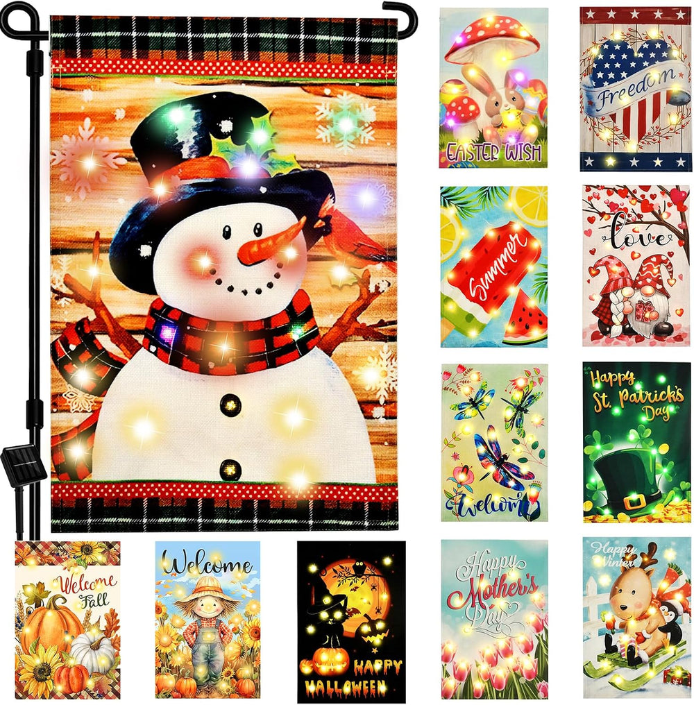 Seasonal Garden Flags Set of 12, Lighted Solar, 12x18 In