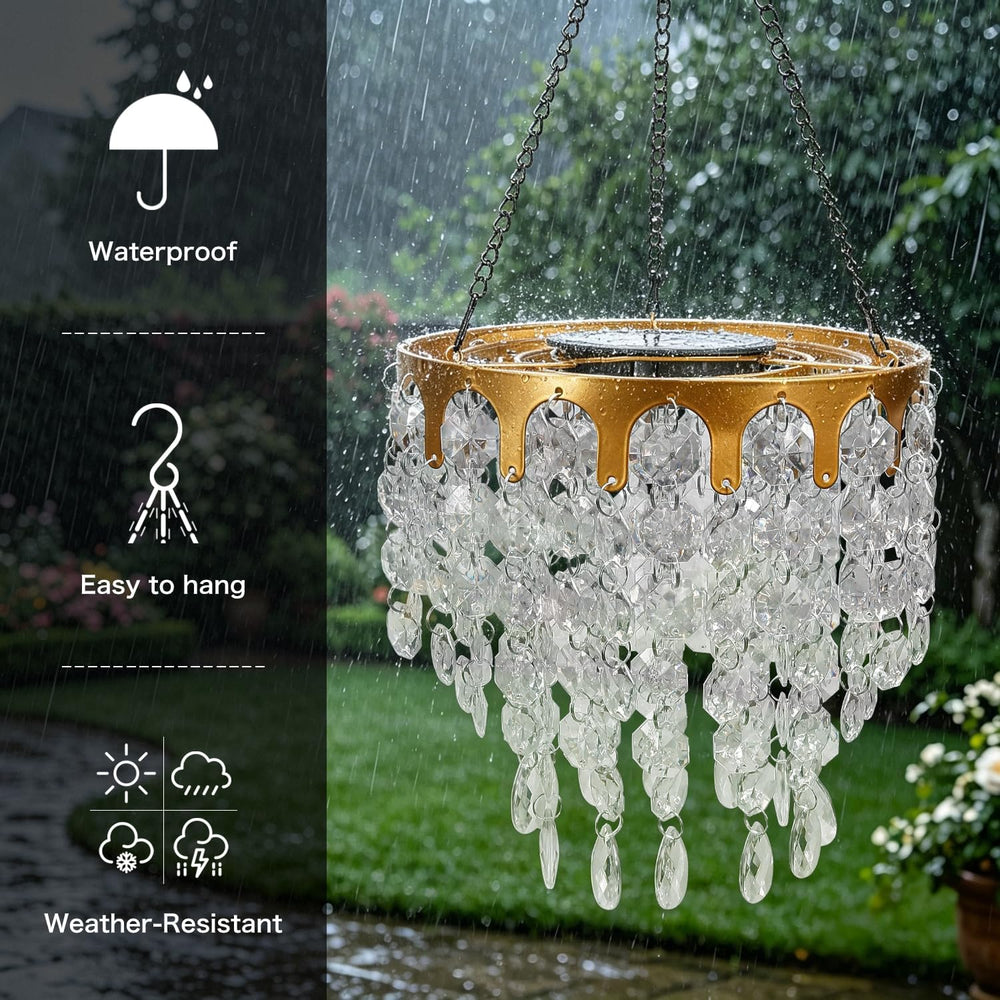 Solar Powered Hanging Chandelier Gold Metal Frame Acrylic Crystal LED Light