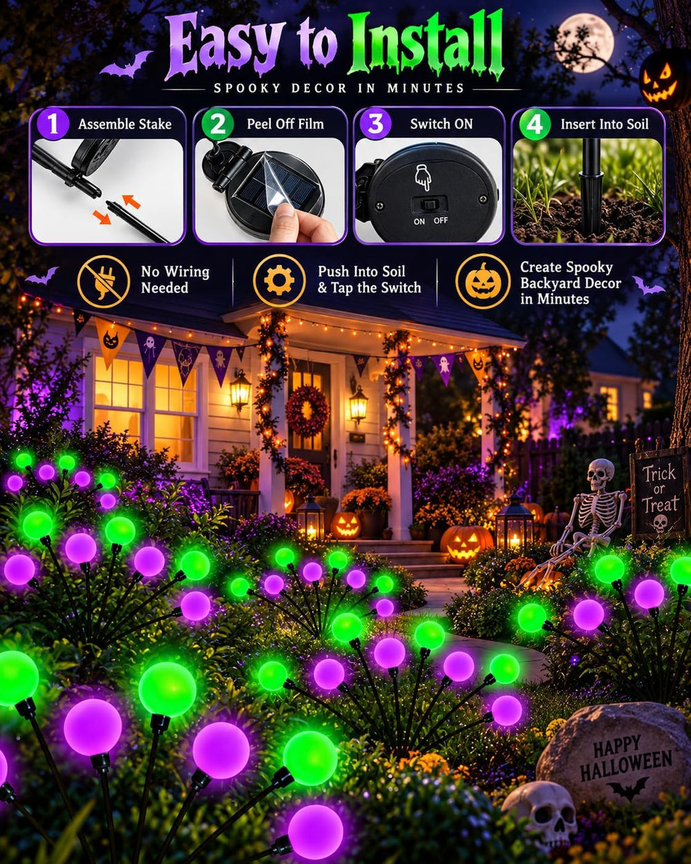 OZS 6Pack 48LED Solar Firefly Halloween Lights Outdoor for Party Decor