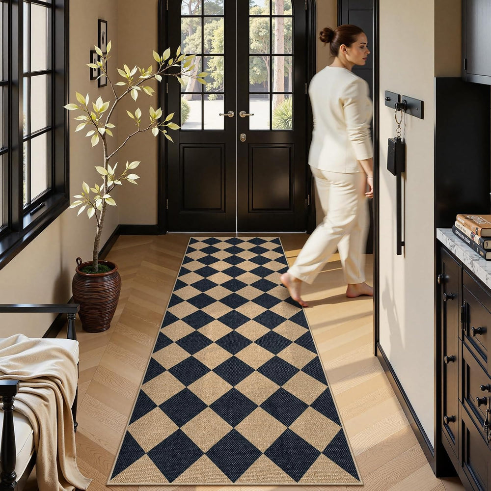 Lahome Checkered Easy Jute Non Slip Kitchen Runner, 2'6"x8' Wash...