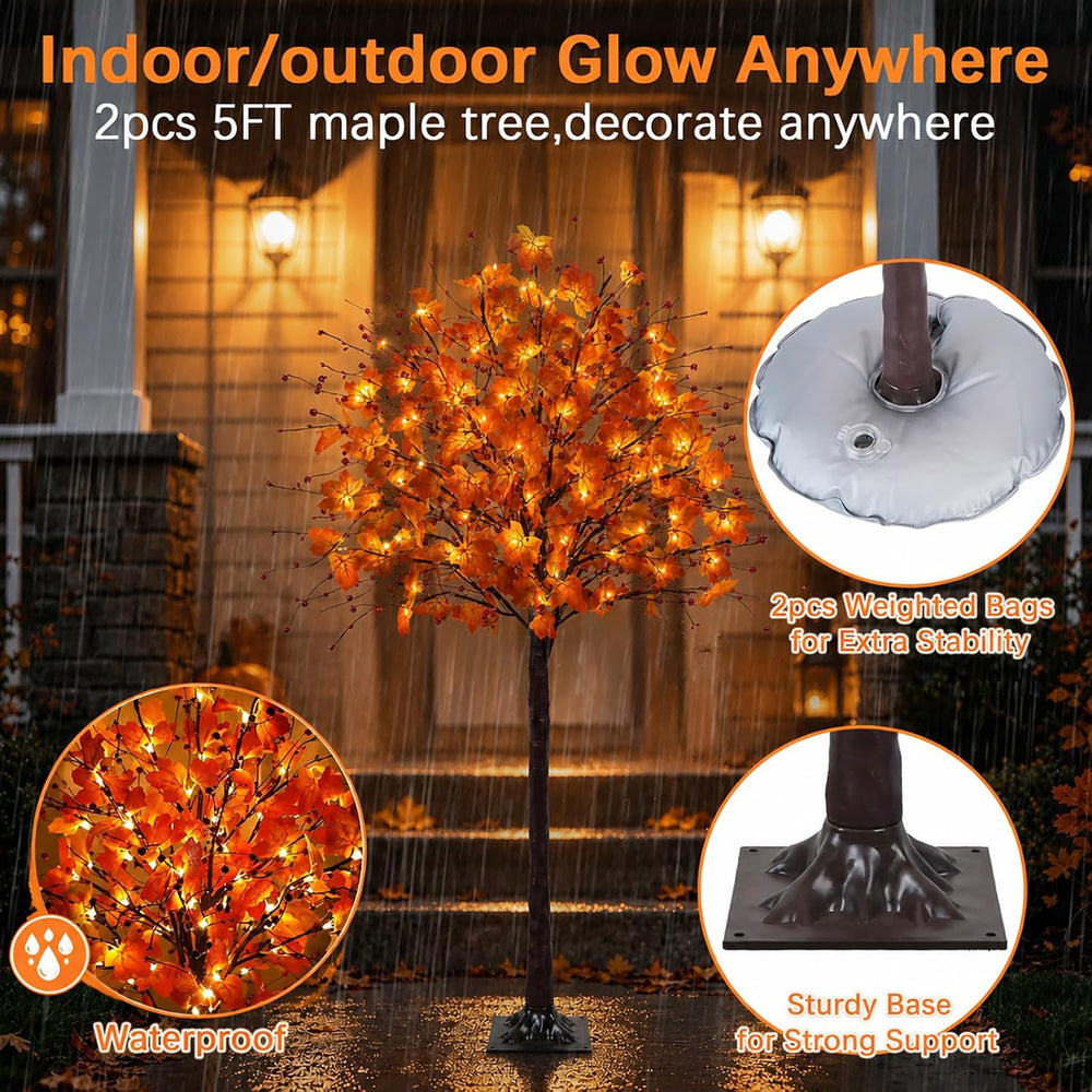 2 Pack 5FT Fall Trees with Lights Maple Tree 220LED-Remote Control&Timer
