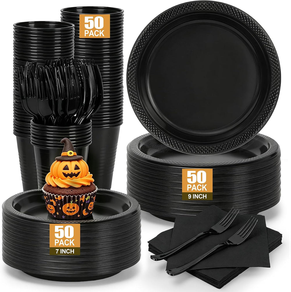 250pcs Disposable Black Plastic Plates and Napkins Party Supplies for Party