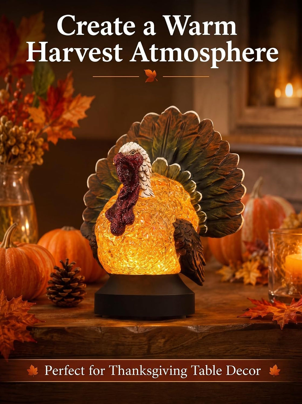 Thanksgiving Turkey Snow Globe Lantern, Lighted Fall Tabletop Decoration with...