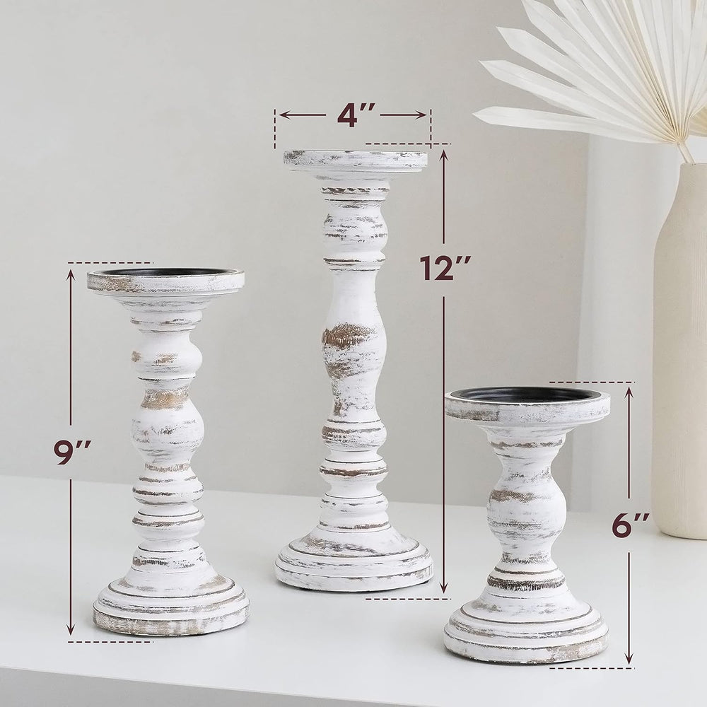 Wooden Pillar Candle Holder, Farmhouse Fireplace Mantel Decor, Rustic White