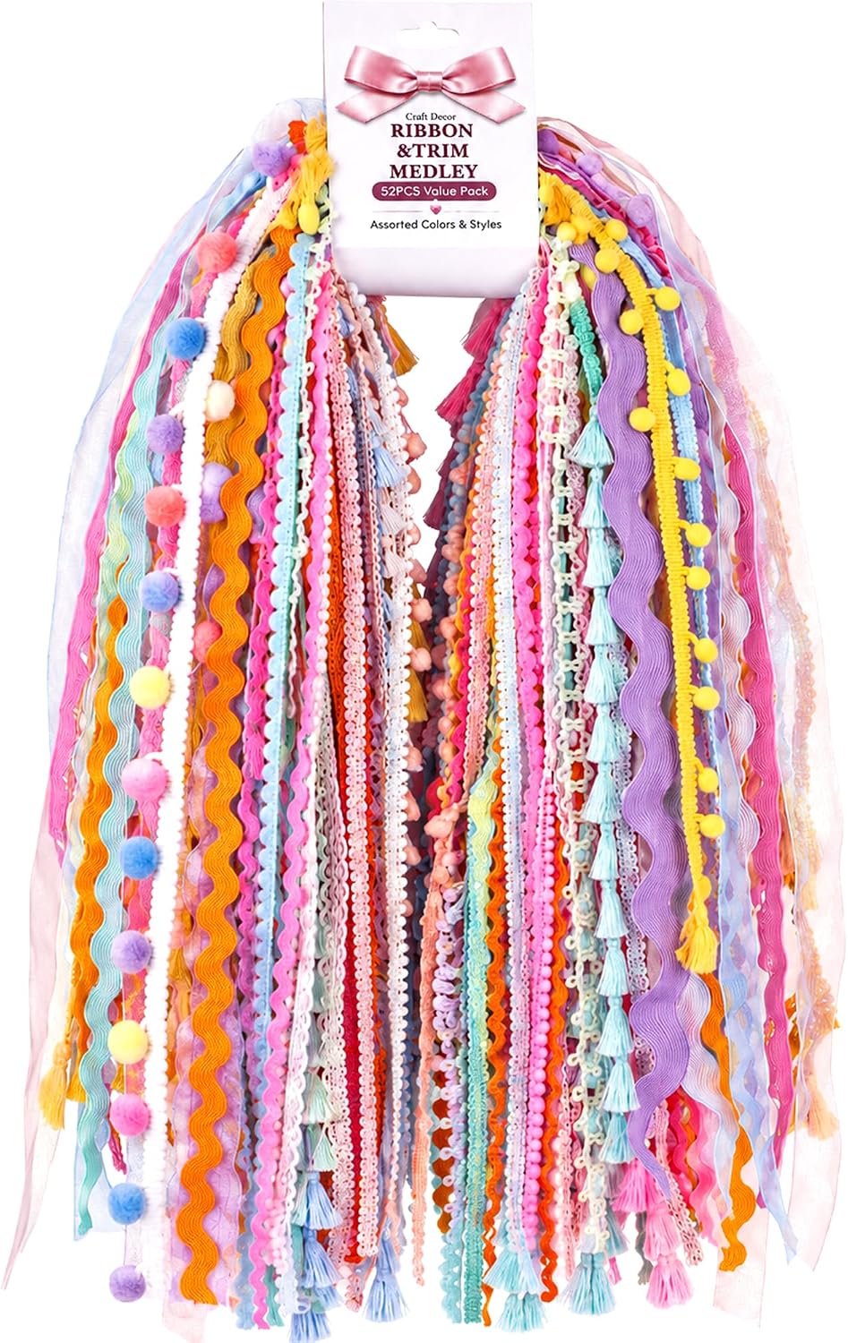 52 Pcs Ribbons for Crafts Set,Pastel Trim Bundle for DIY Sewing Wrapping