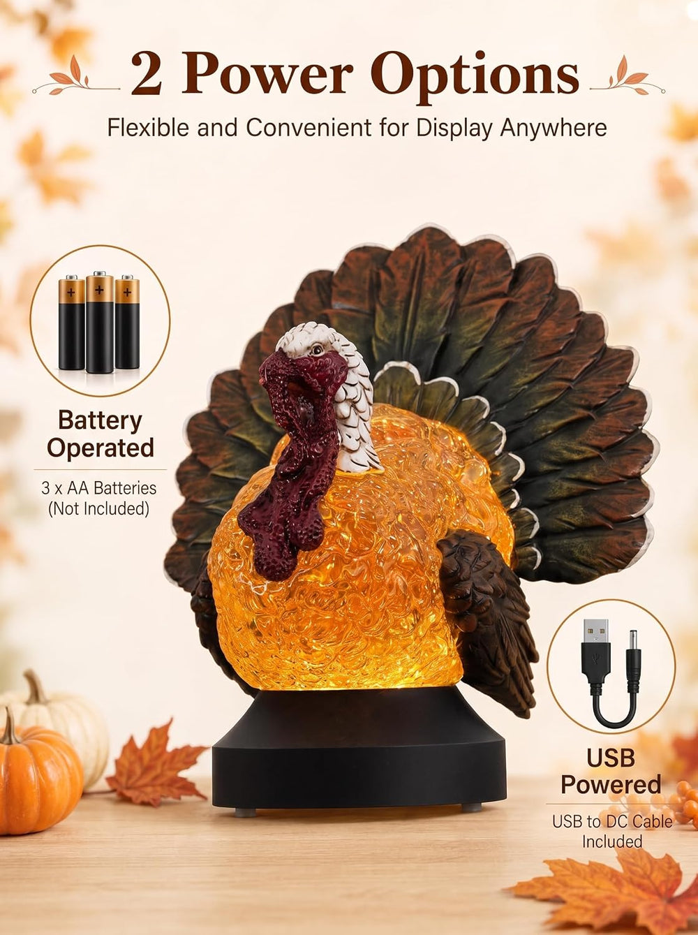 Thanksgiving Turkey Snow Globe Lantern, Lighted Fall Tabletop Decoration with...