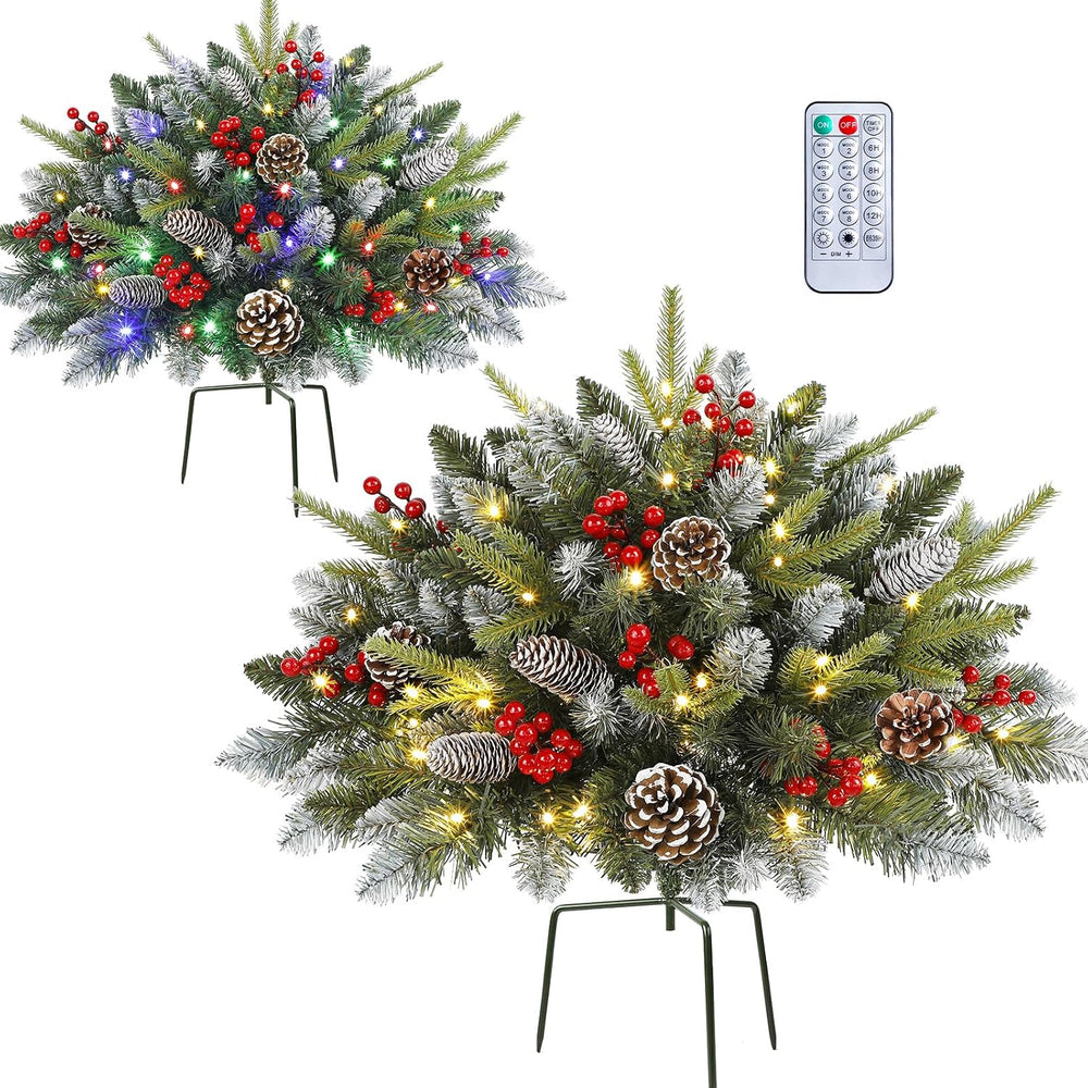 2 Set Pre‑lit Artificial Christmas Urn Filler With Remote for Planter Decor