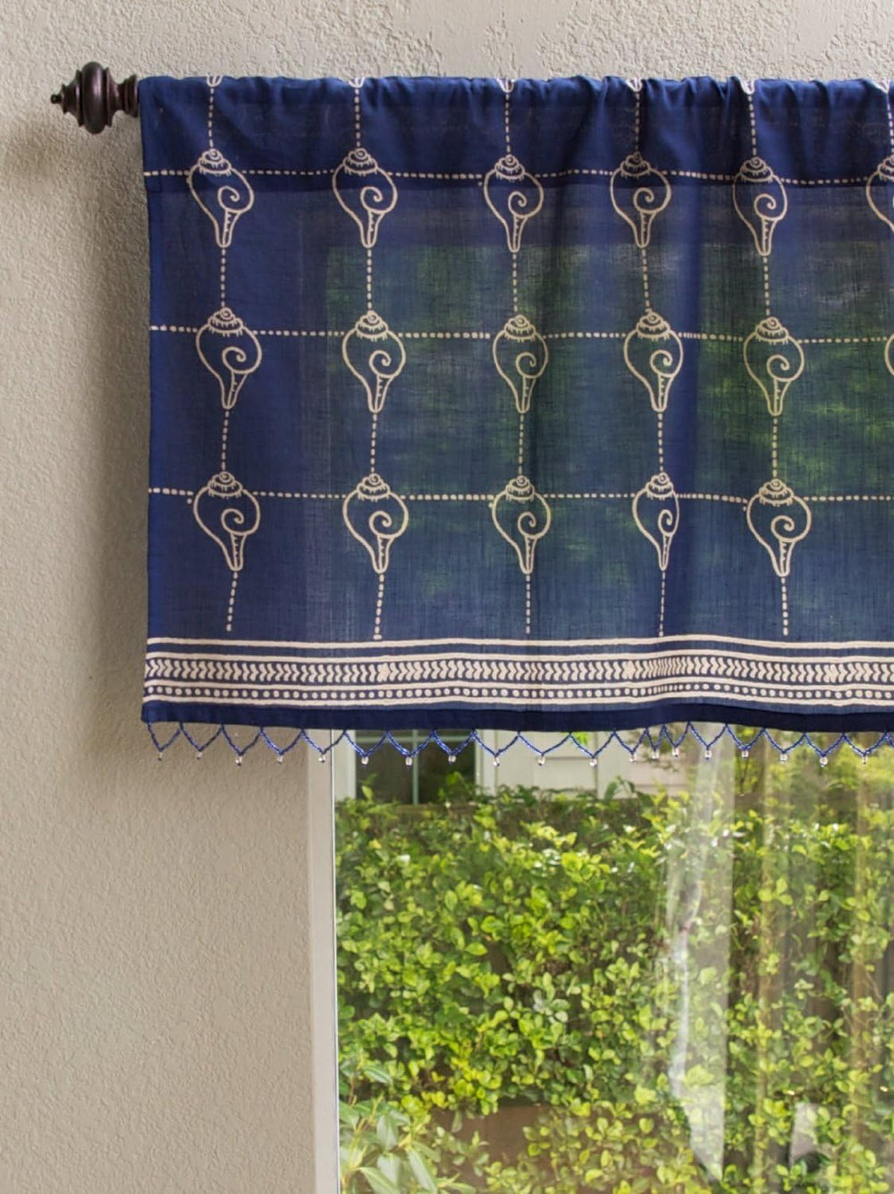 Hand Printed Valance Curtain with Beaded Trim, Pacific Blue CP - Perfect for ...