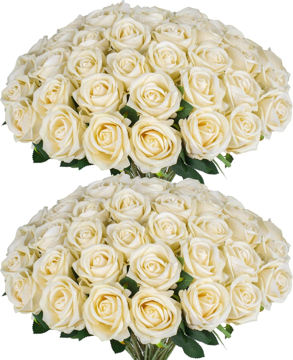 50PCS Artificial Champagne Roses Bulk Realistic Fake Flowers with Long Stem
