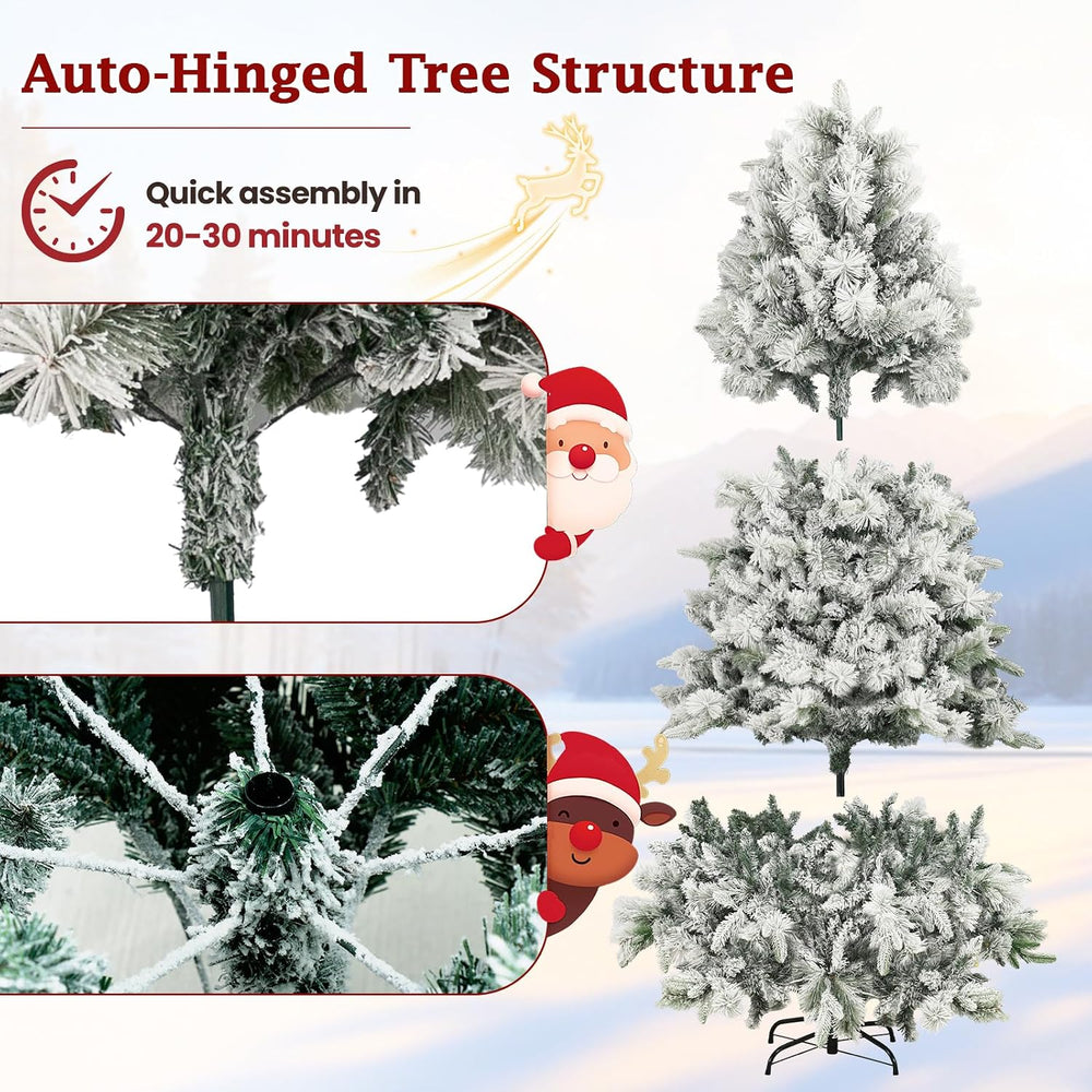 7ft Snow-Flocked Artificial Christmas Tree, LED pre-lit Holiday Xmas Tree for...