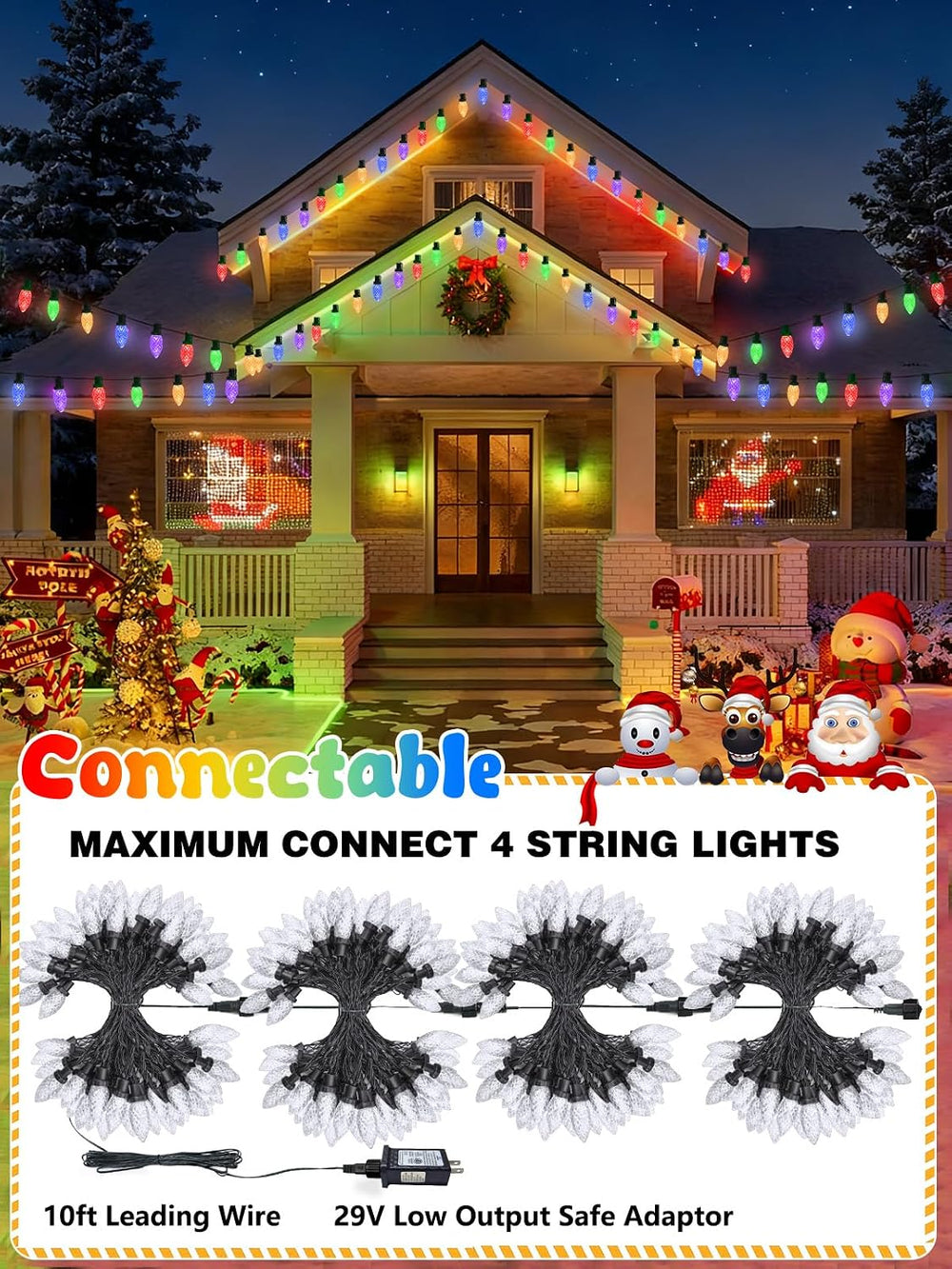 2 Pack Extentable C9 Christmas Lights Outdoor 66 FT 100 LED Multicolored