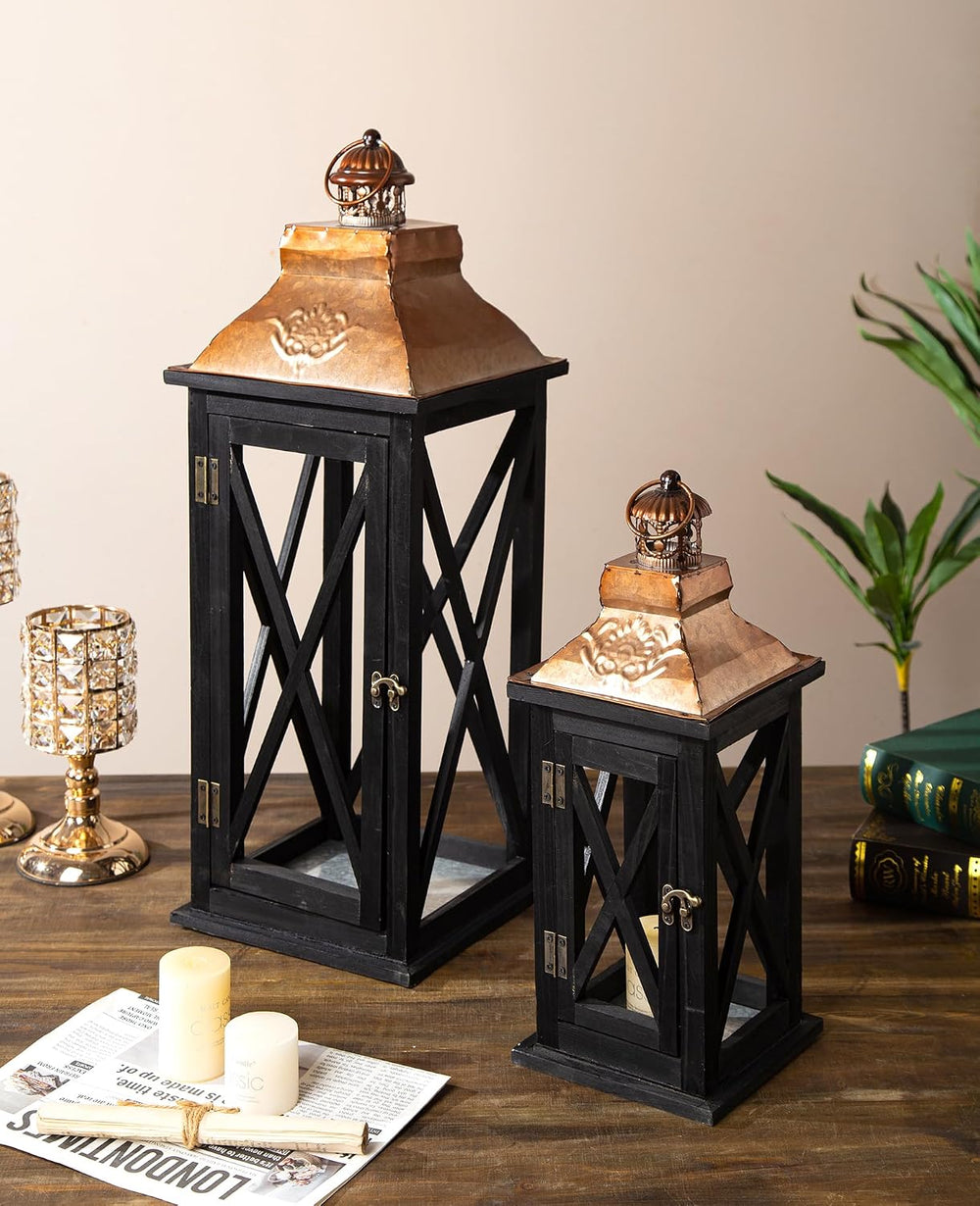 Large Farmhouse Wooden Lanterns with Metal Top, Decorative Floor Lanterns Set...