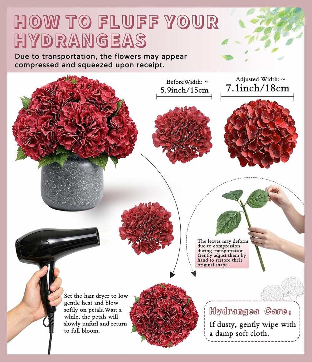 5Pcs Red Faux Hydrangeas Artificial Flowers with Stems & Leaves