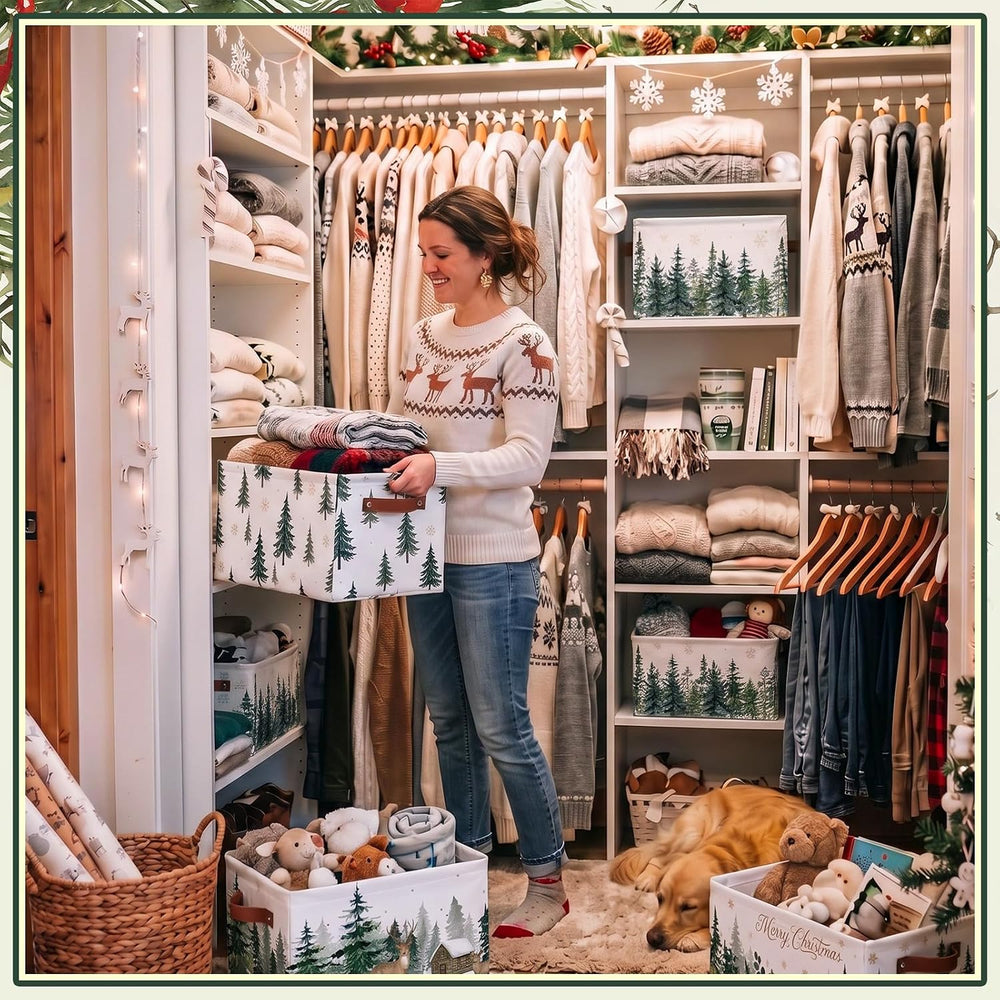 6 Pcs Christmas Tree Storage Bins with Handles, Green Pine Gift Baskets