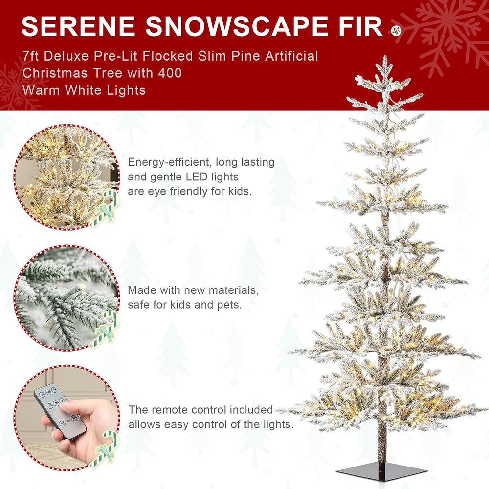 Glitzhome Flocked Christmas Tree, 7ft Pre-Lit Artificial Christmas Tree with ...