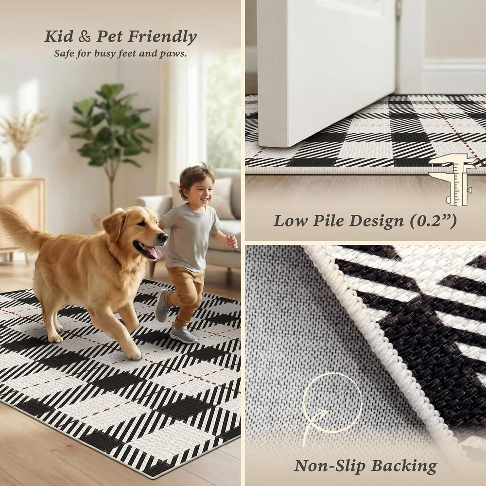 JTJ Easy Jute 2x6 Kitchen Runner Rug, Black and White Plaid, Washable