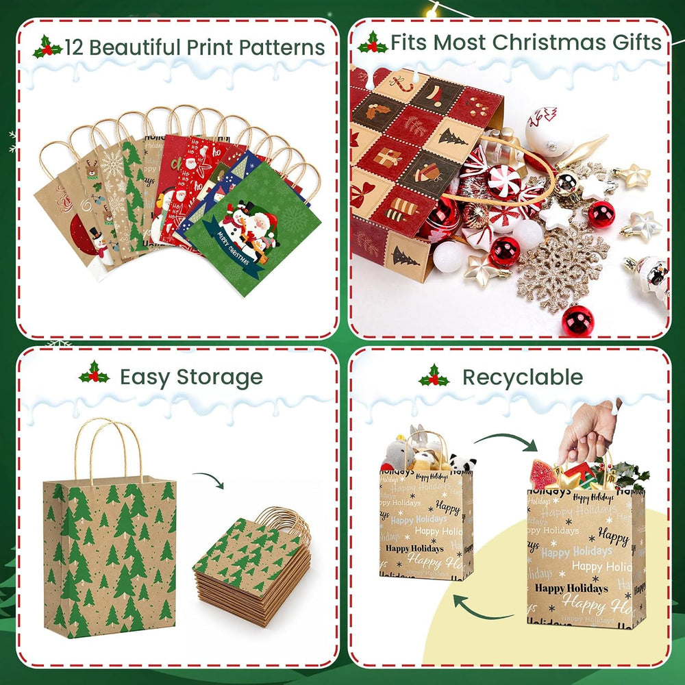DeckTheHalls 36 Pack Christmas Kraft Gift Bags with Handles, 7.5 x3.5 x9 in