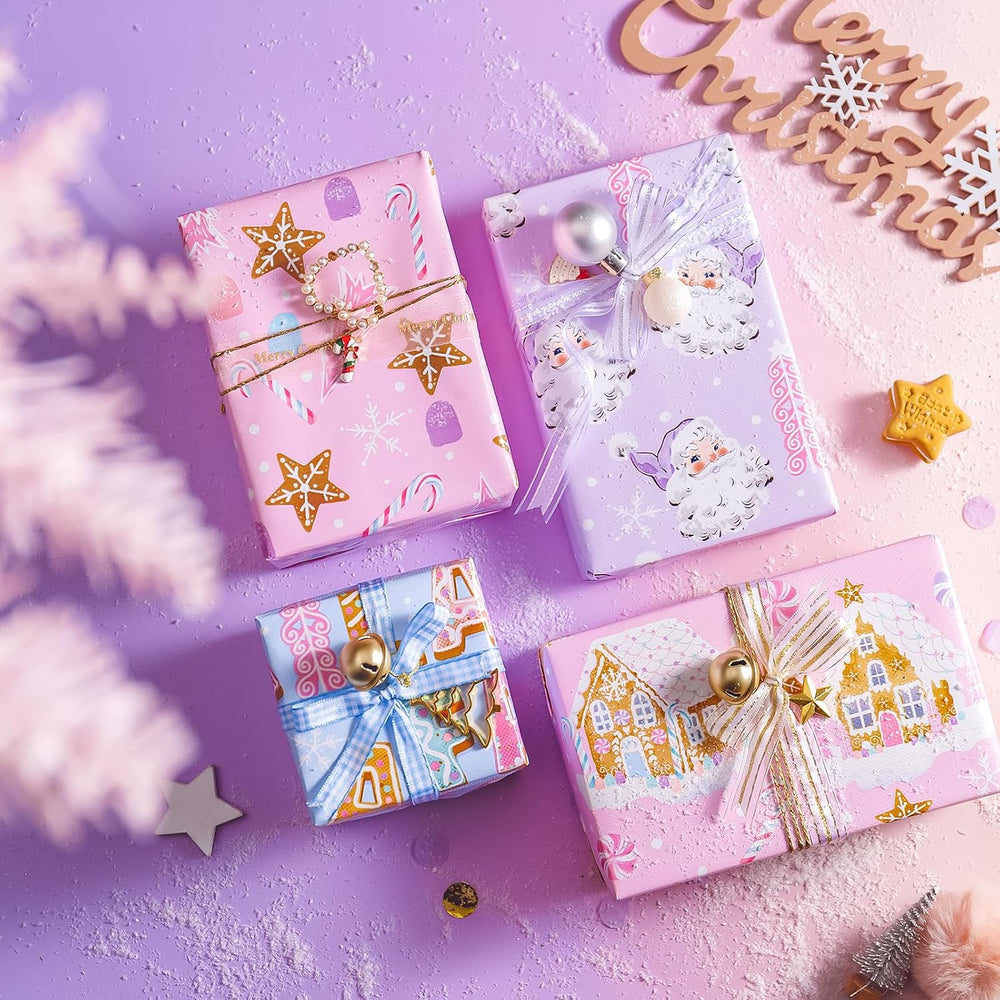 WRAPAHOLIC Christmas Wrapping Paper Set - Pastel Pink Purple Gingerbread Hous...