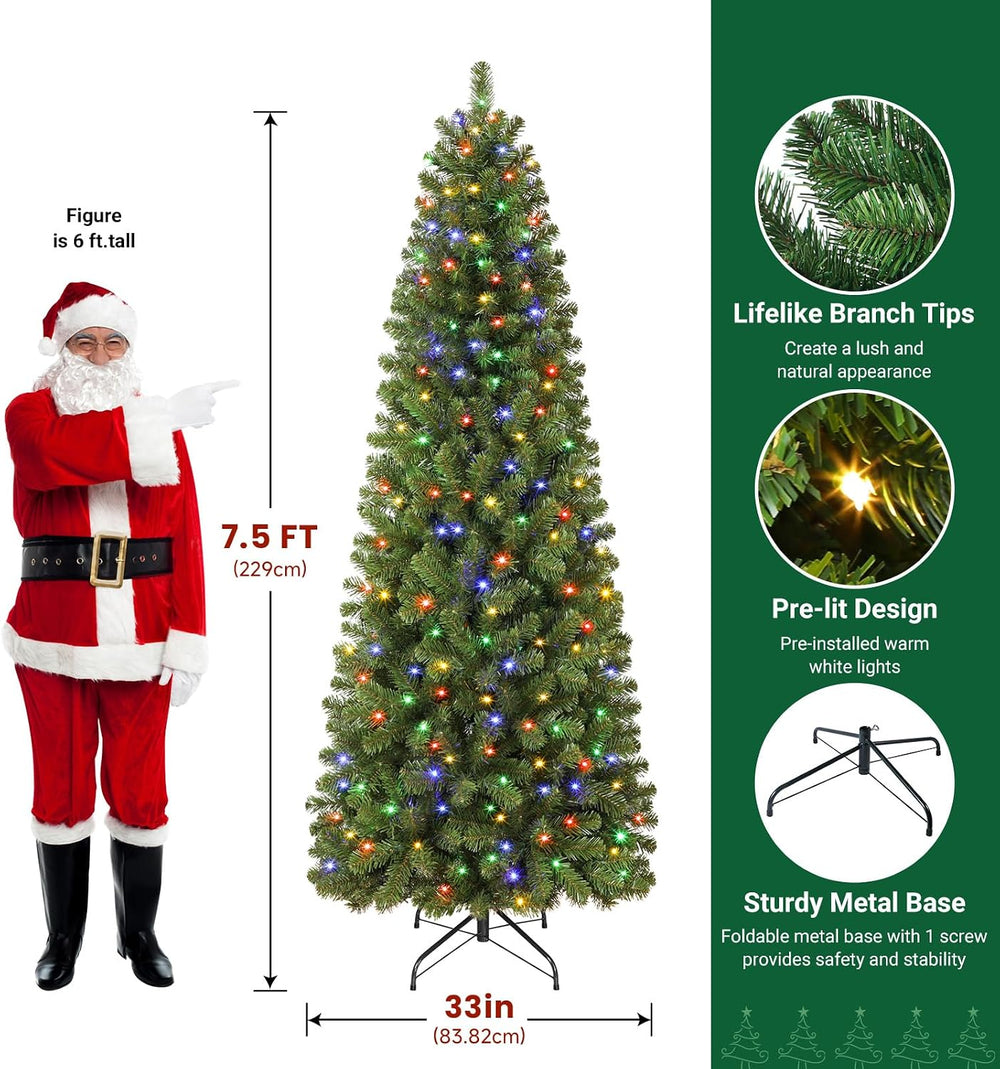 SHareconn 7.5ft Prelit Pencil Hinged Christmas Tree with Multi-Color Lights