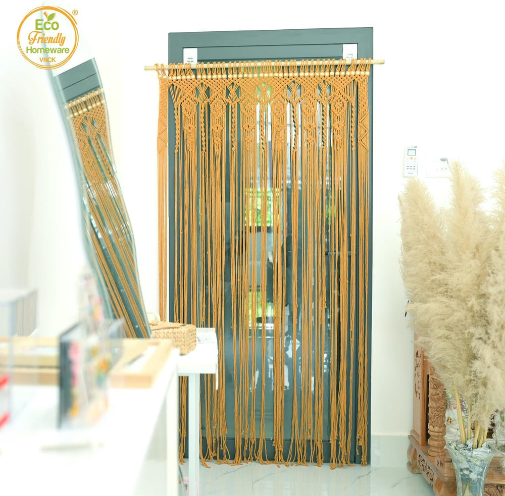 Golden Beaded Door Curtain, Handmade Wood Bead Doorway Curtain for Room Divid...