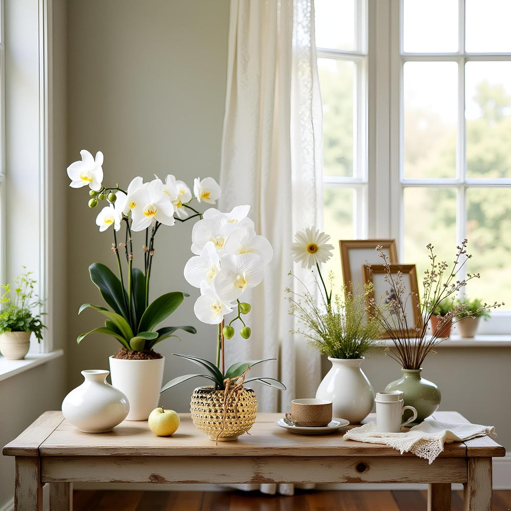 Orchids Artificial Flowers, 15" Faux Orchid in Gold Flower Pot Real Touc...