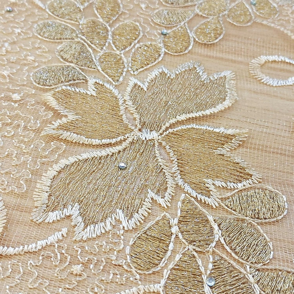 Bestway African Lace Fabric 5 Yards Beige Rhinestones Embroidery French Tulle...