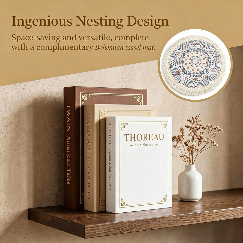3Pcs Linen Faux Hollow Book Boxes,Home Decor Storage Gift,Brown-Beige-White