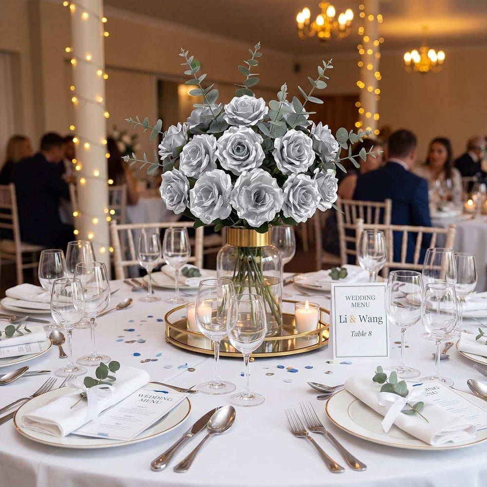Yunlly 240 Pcs Silver Artificial Flower Silk Rose Head Flower with Stem