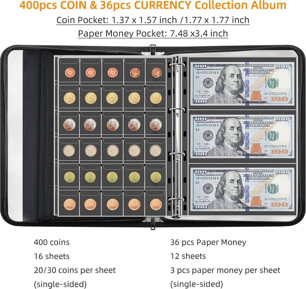 400-Pocket Fireproof Coin Book with Lock & 36 Paper Currency Binder Sleeves