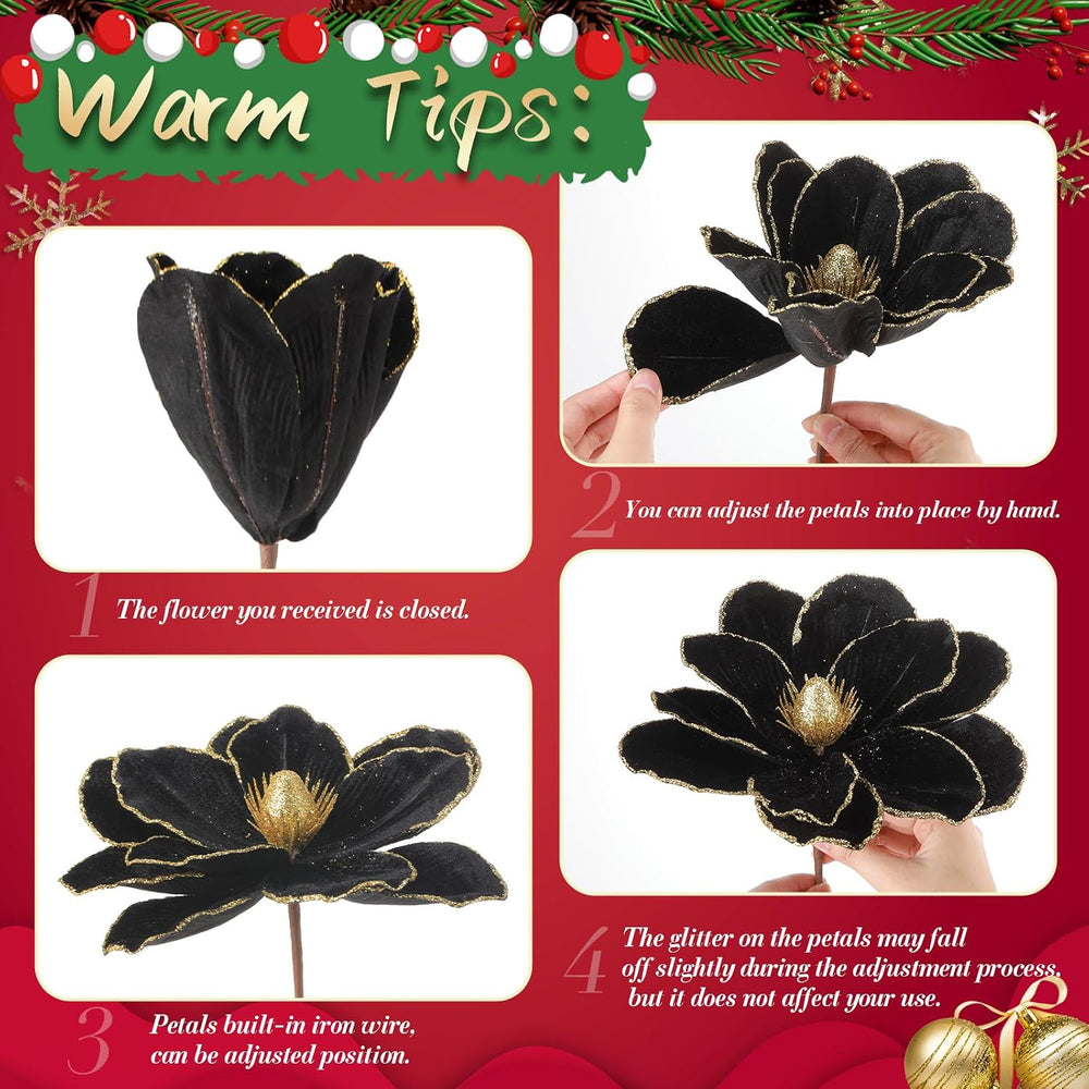 12 Pcs Large Velvet Christmas Poinsettia Magnolia Flowers Ornaments Glitter B...