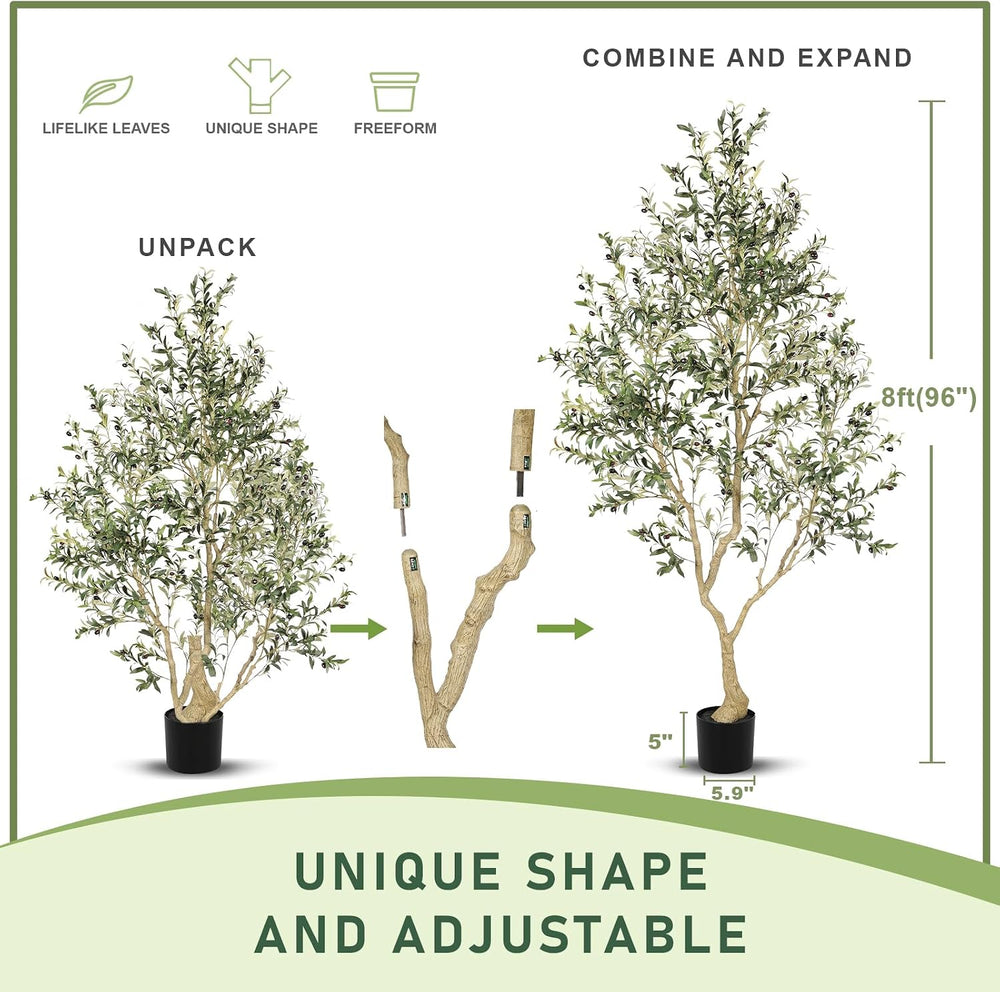 Faux Olive Tree 8ft with Large Olive Branches and Lifelike Olive