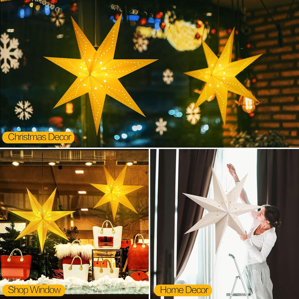 Hiboom 2 Pack Paper Star Lantern 24 Inch, 8 Mode 50 LEDs Firework Fairy Strin...