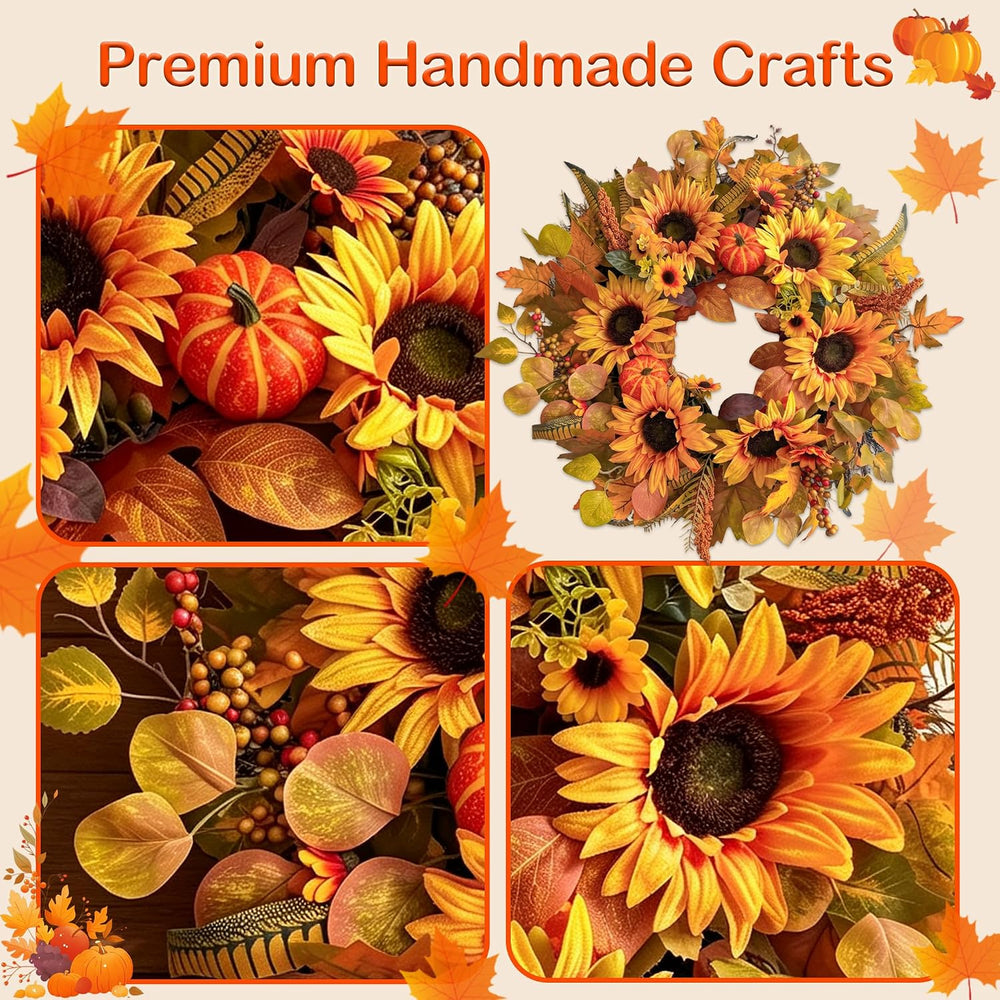 Fall Wreaths for Front Door, 26 Inch Autumn Harvest Wreath with Sunflowers, L...