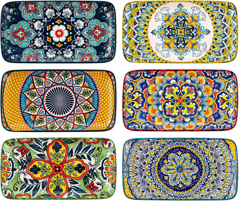 Boho Ceramic Rectangular Appetizer & Sushi Plates Set of 6, 8 Inch