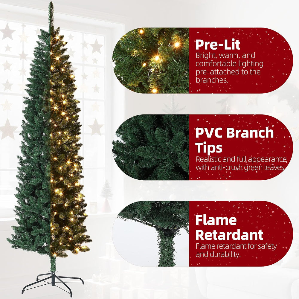 7.5FT Pre-Lit Christmas Tree, Artificial Pencil Holiday Decoration with LED L...
