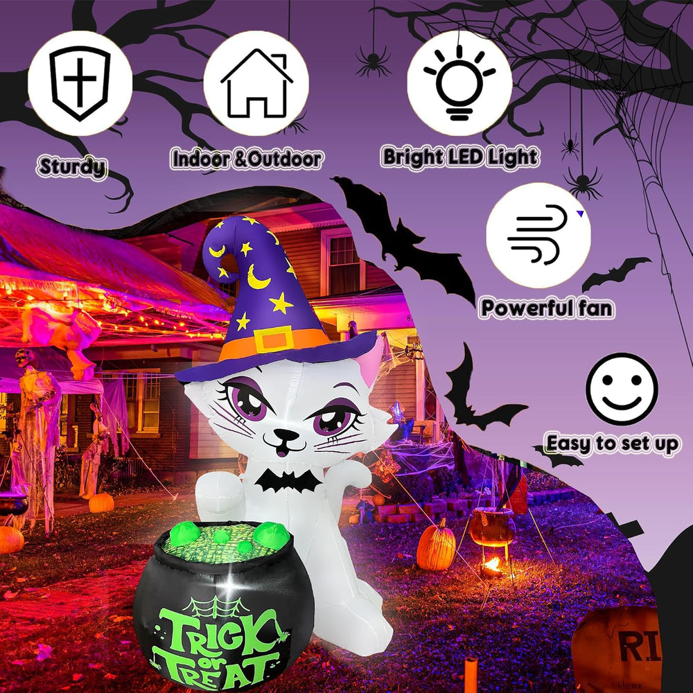 5FT Halloween Inflatable Cat with Witch Cauldron Yard Decor