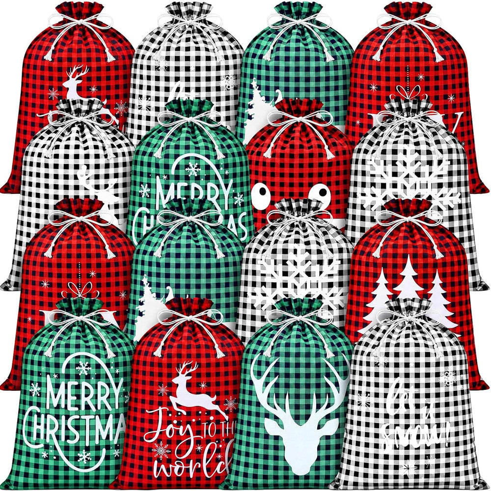 Windyun 16 Pcs Christmas Drawstring Bag Santa Sack Bag Buffalo Plaid 12x16