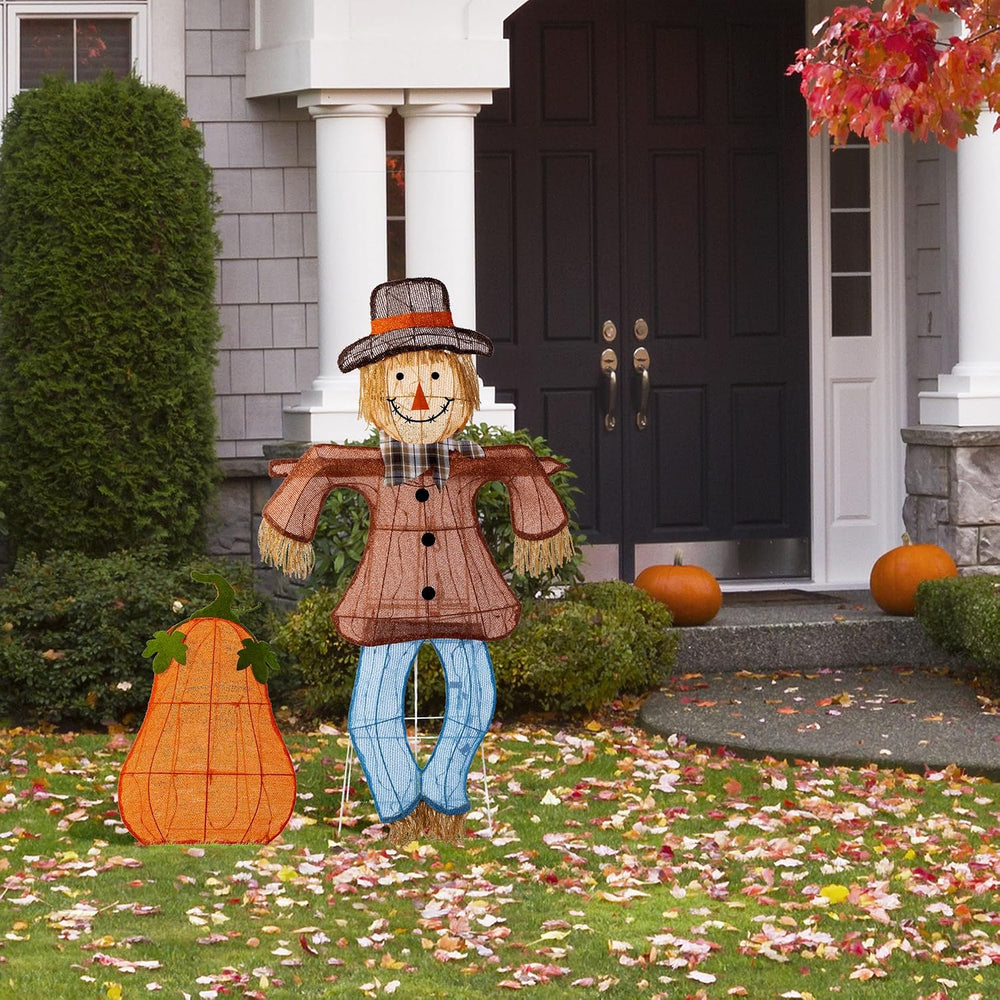 Glitzhome 4FT Fall Lighted Outdoor Scarecrow Decor, 2-Piece Pre-lit 2.5D Scar...