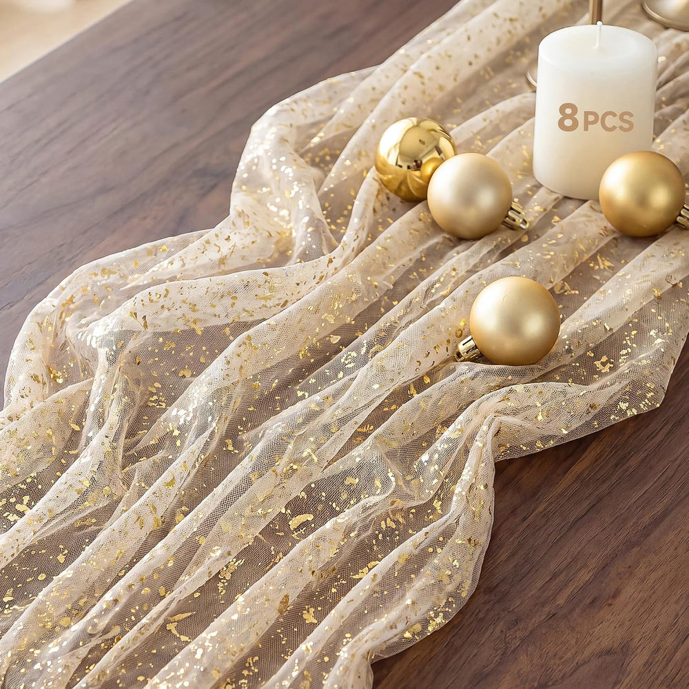 FEXIA 8Pcs Gold Table Runner 10FT Gauze Glitter Wedding Party Decorations