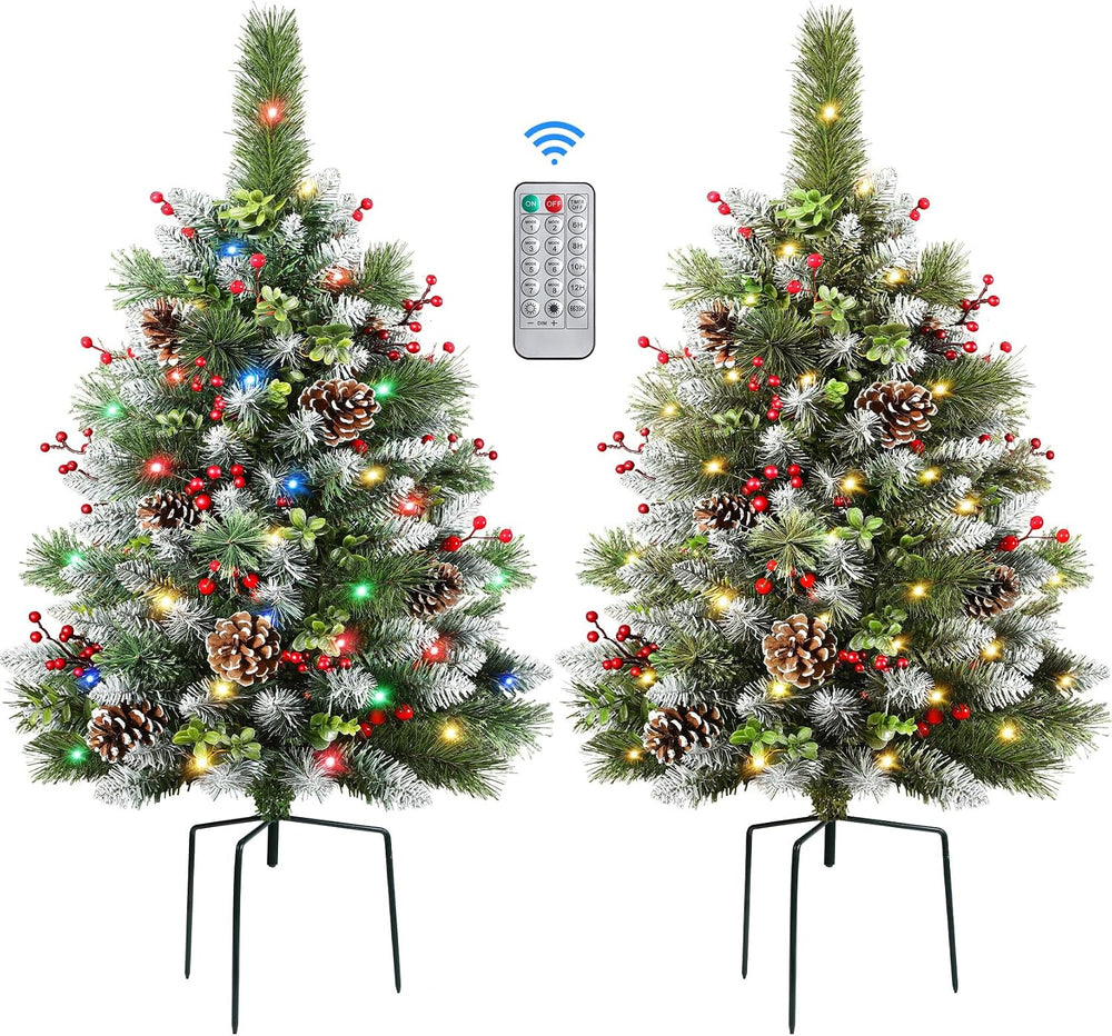 Set of 2 30 Inch Pre-lit Frosted Outdoor Christmas Tree with Remote