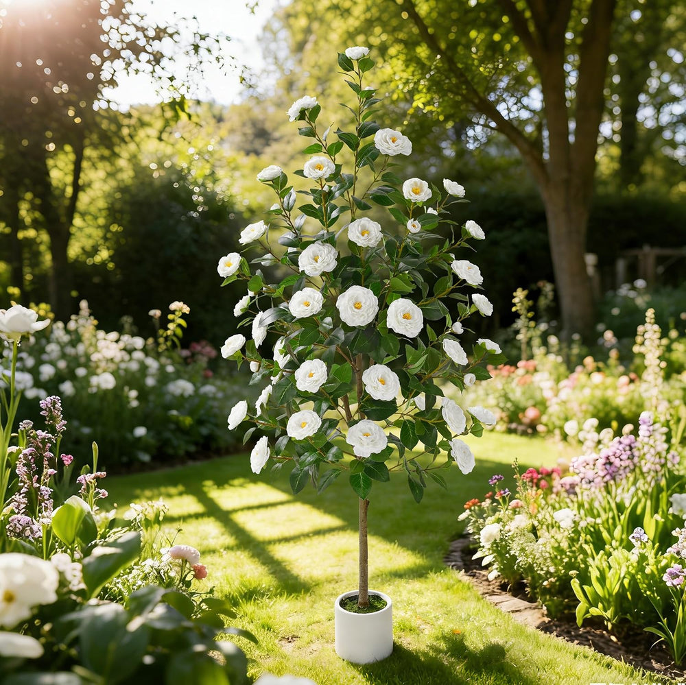 2 Pack 5 FT Artificial Camellia Tree, Artificial Tree Plants Outdoor