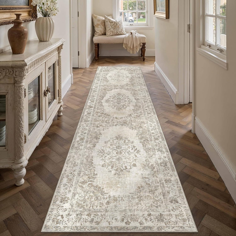 2.6x14 Washable Runner Rug Hallway Cream Beige Vintage Carpet